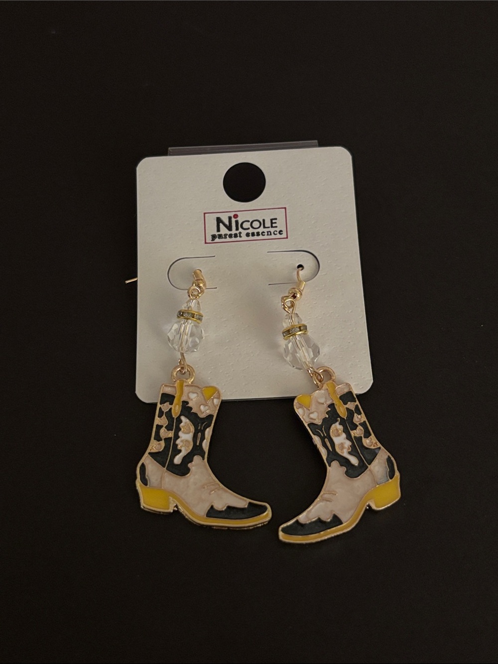 Nicole Purest Essence Yellow & Black Cowboy Boot Dangle Earrings